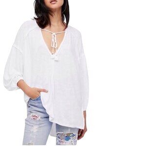 Free People We The Free Just A Henley Tie Front Drop Shoulder White Top Size L